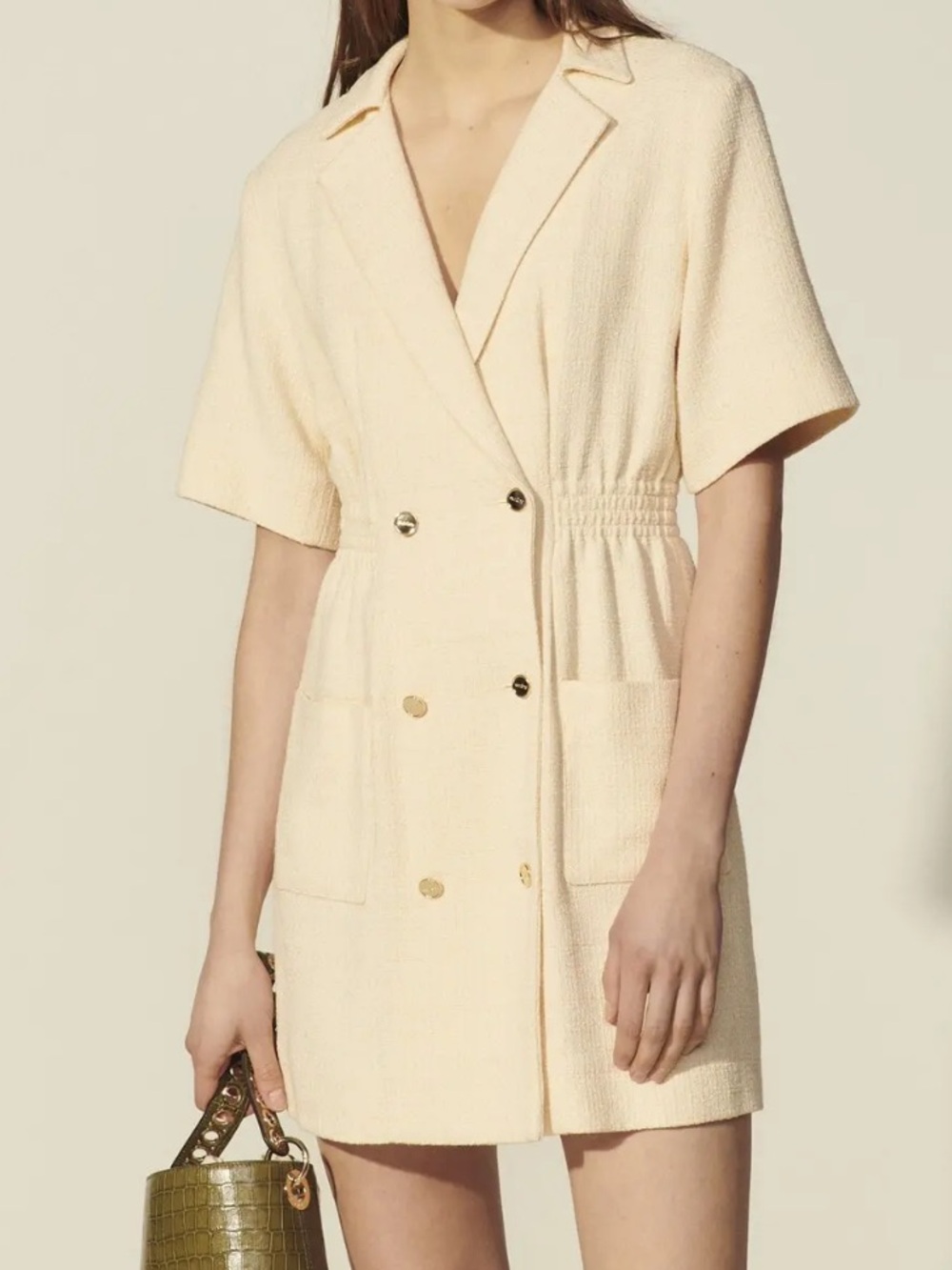 Alize Double Breasted Tweed Dress In Vanilla